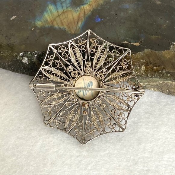 VTG Sterling Silver 925 1.71" Domed Signed Delft Filigree Spun Silver Brooch - Picture 16 of 16